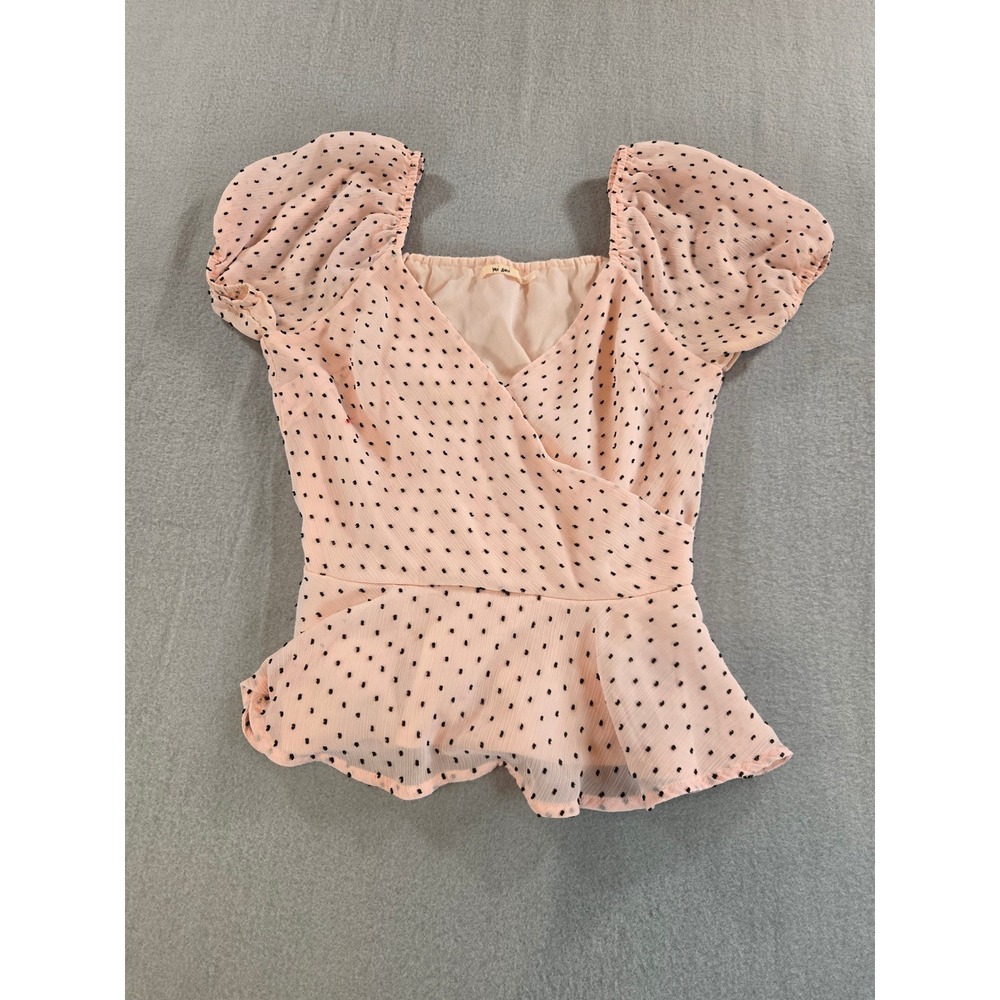 Mi Ami Peplum Top Womens Small Pink Black Polka‎ Dot Puff Sleeve Terran Blouse